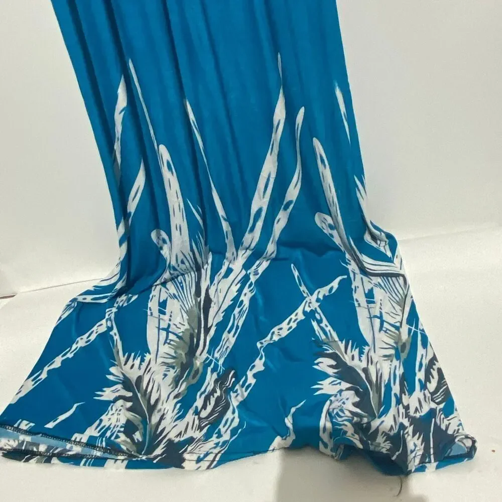 Women's Blue White Tropical Smocked Stretchy‎ Pullover Maxi Dress One Size NWT